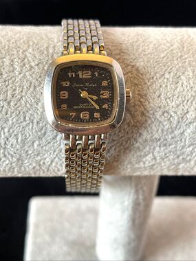 Suisse Ralph Women’s Watch  Silver Tone Black Face Gold #’s & Hands Sz. 8-9-10
